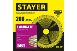 Пильный диск по ламинату STAYER Laminate 200x32/30 мм, 56T, аккуратный рез 3684-200-32-56_z01