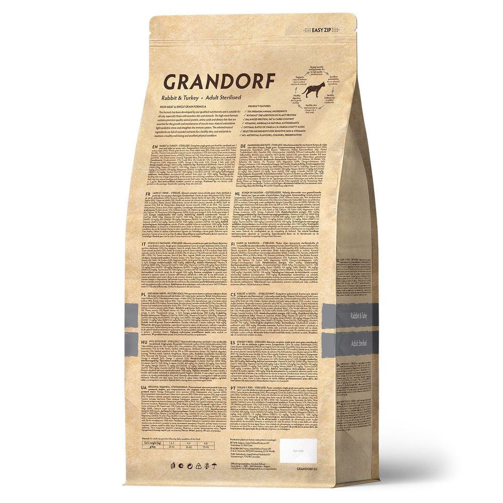 Сухой корм Grandorf CAT Rabbit&Turkey STERILISED для стерилизованных кошек, кролик с индейкой