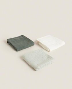 ZARA HOME НАБОР ДЕТСКИХ МУСЛИНОВЫХ САЛФЕТОК (3 ШТ), ЗЕЛЕНЫЙ