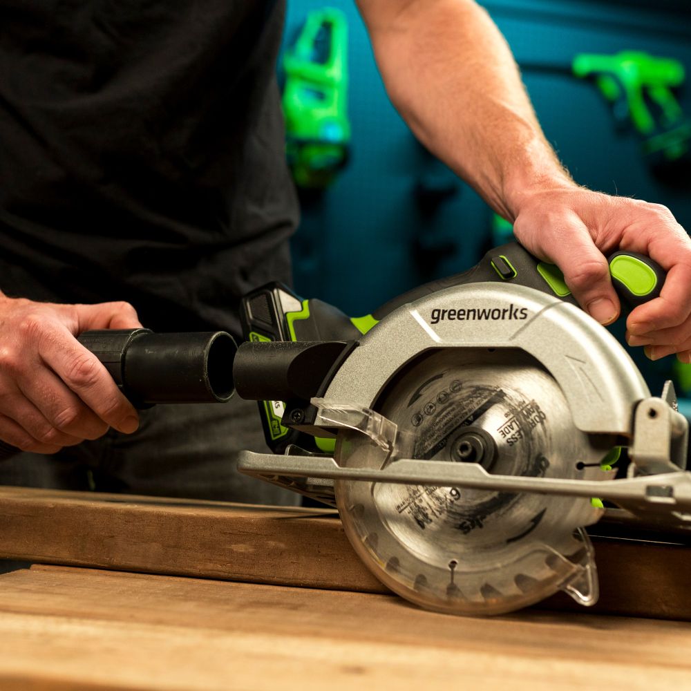 Дисковая пила акк. Greenworks GD24CS165, 24V,б/щет,165х20мм, 4800 об/мин, рез 57мм,1х5Ач,ЗУ,кор (1501607CUG)