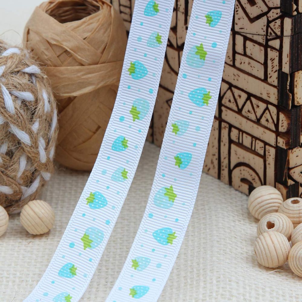 Лента репсовая (в рубчик) Землянички, 15 мм, 3м, голубой