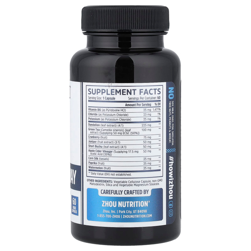 Zhou Nutrition, Water Away с одуванчиком и калием, 60 капсул
