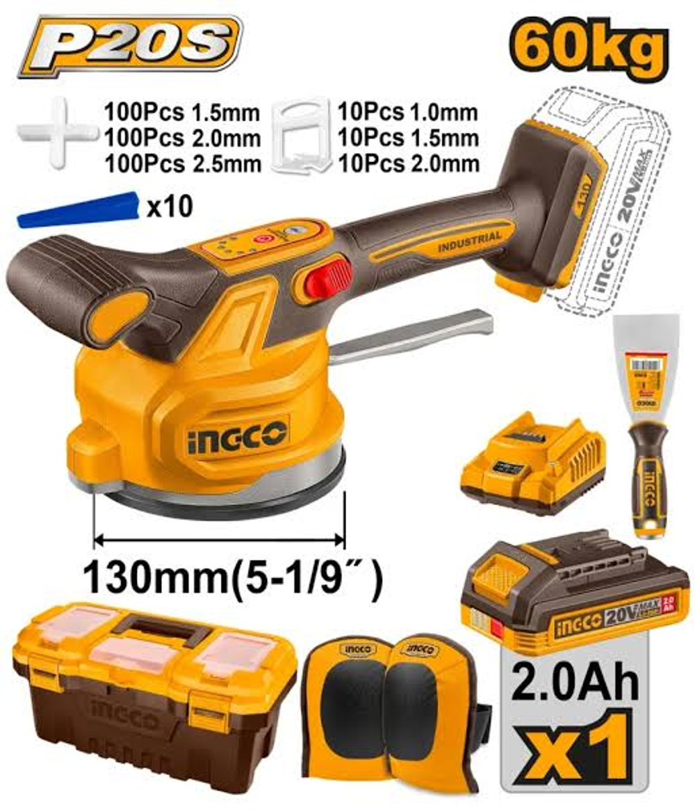 Аккумуляторная виброприсоска для укладки плитки INGCO CTVLI20018 INDUSTRIAL 20 В 1х2Ач