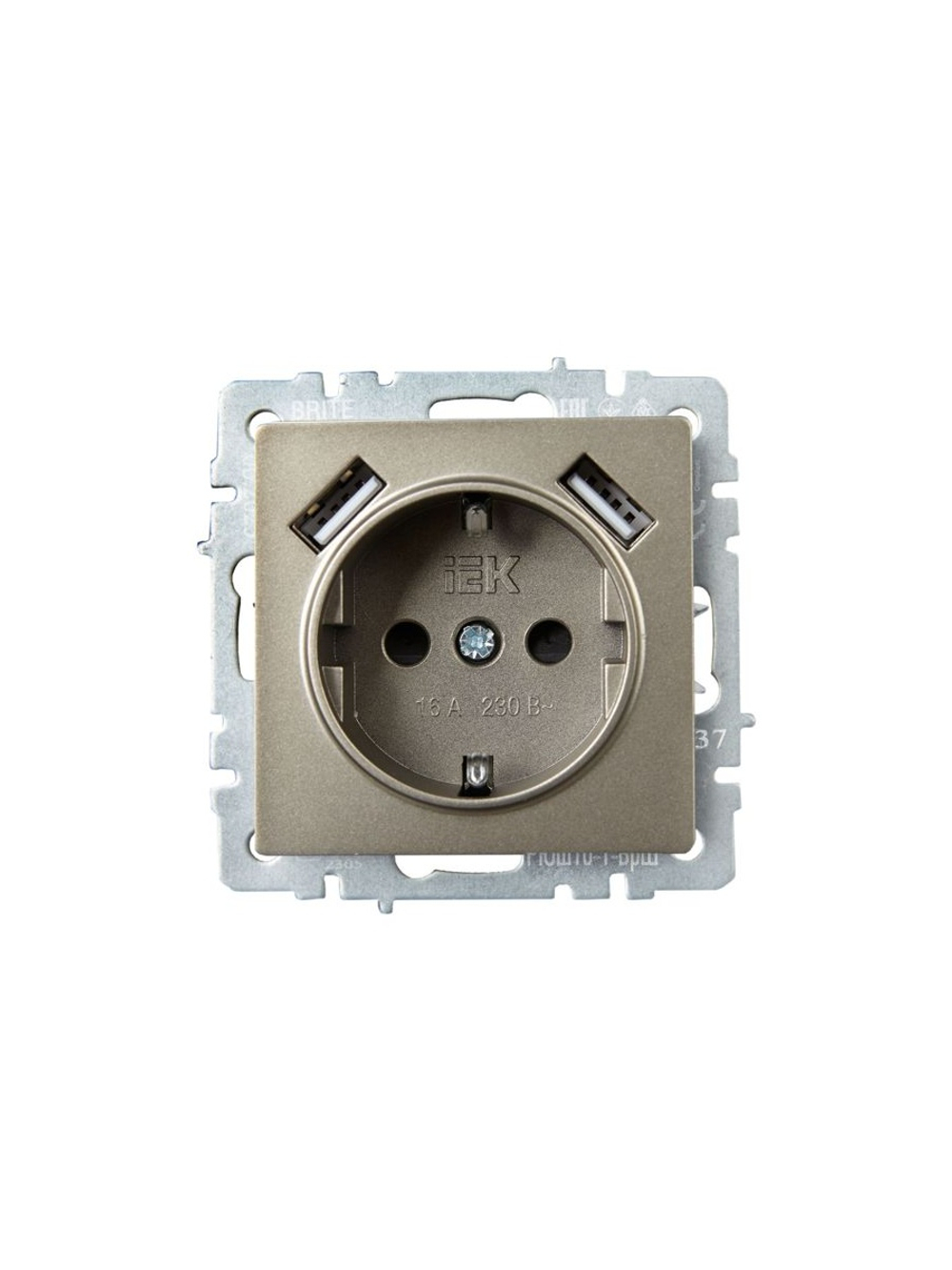 Розетка BRITE РЮш10-1-БрШ 16А с USB A+A 2.1А с заземл. защ. шторки механизм шампань IEK BR-R14-16-U21-D21-K37