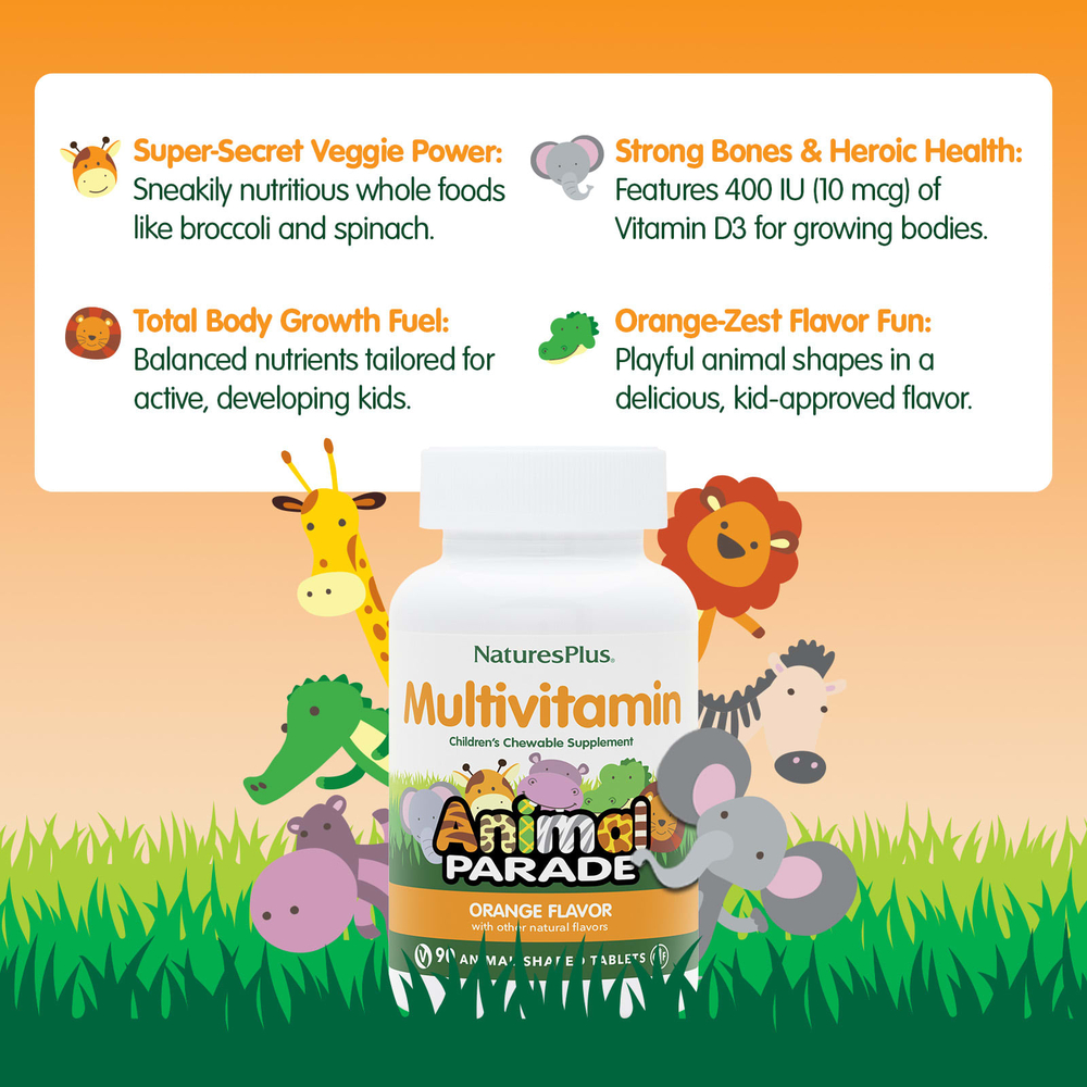 NaturesPlus, Animal Parade®, жевательные мультивитамины для детей, со вкусом апельсина, 90 таблеток в форме животных