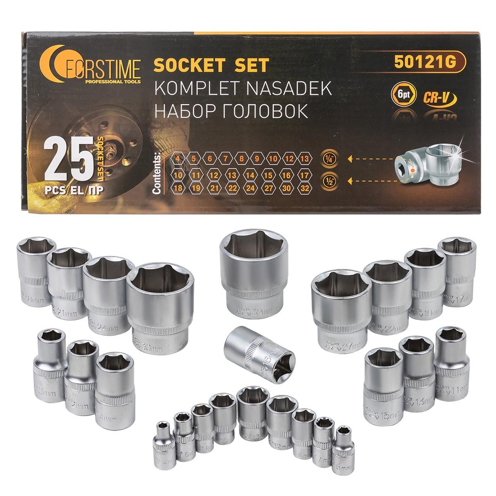 Головки 1/4'', 1/2'', набор 25пр. (6гр.) FORSTIME FT-50121G