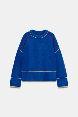 ZARA ТРИКОТАЖНЫЙ ДЖЕМПЕР С КОНТРАСТНОЙ ОТДЕЛКОЙ, ЯРКО-СИНИЙ