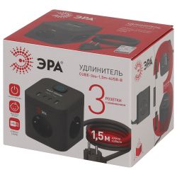 Удлинитель электрический ЭРА CUBE-3es-1,5m-4USB-B куб с заземлением с выключателем 3 розетки+4xUSBA+C 1,5м 16А черный | Электротовары