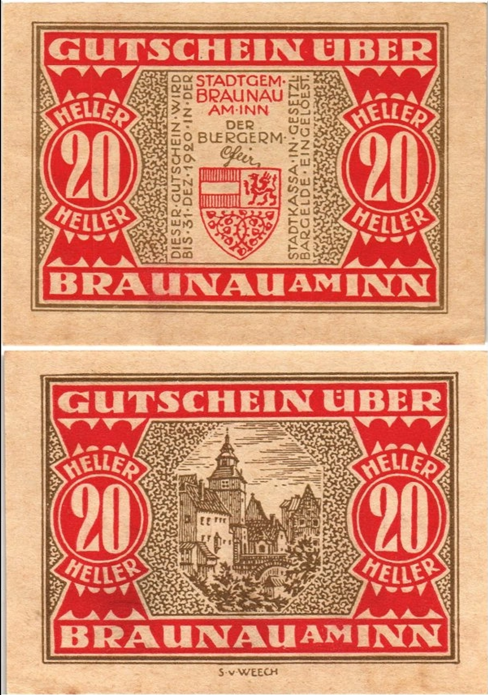 Австрия 20 геллеров 1920 Браунау-ам-Инн aUNC