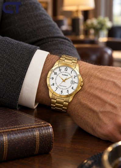 CASIO MTP-V004G-7B CASIO Collection мужские наручные часы — золотистый корпус, светлый циферблат и индикация даты