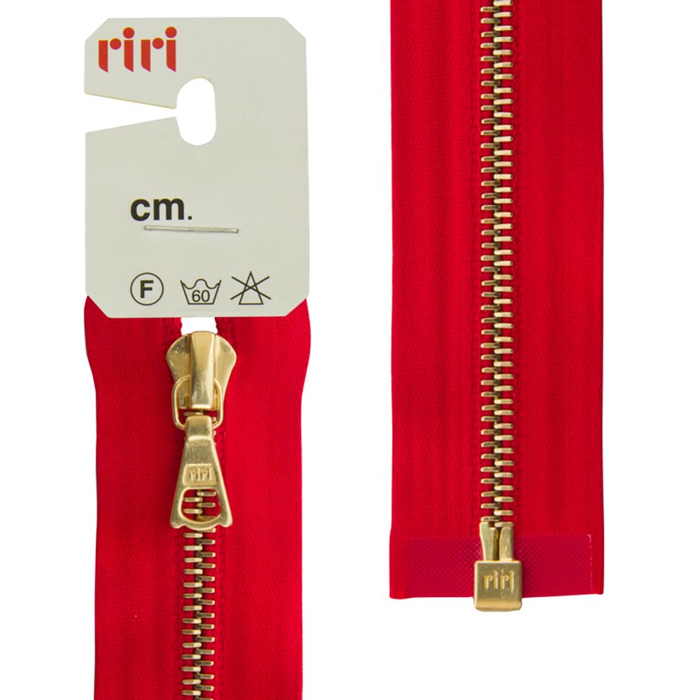 Молния металл RIRI Т4 (4 мм) 1 зам., разъем., 65 см, Gold, атласная тесьма, цв.9426, ярко-красный, 1 шт