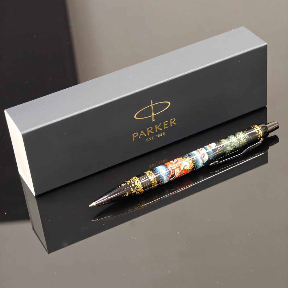 Сувенирная авторучка Parker "Сказочная тройка" на черном с ручной росписью Палех в коробке