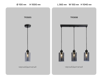Подвесной светильник в стиле лофт TR3695 BK/SM черный/дымчатый E27 max 40W D100*1000