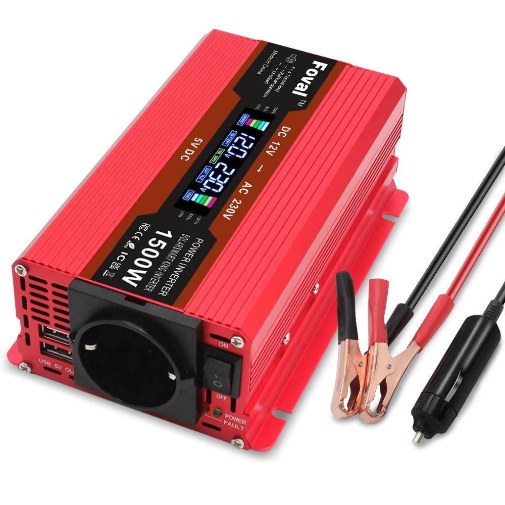 Инвертор 12V-220V 1500W красный с дисплеем Foval