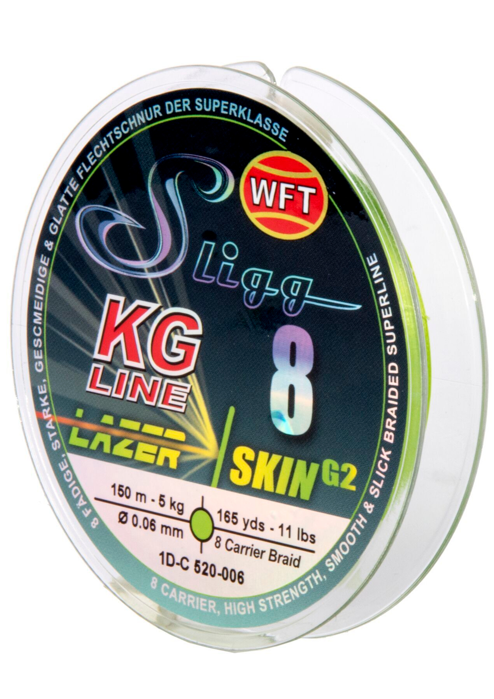 Леска плетёная WFT KG SLIGG LAZER SKIN G2 x8 Chartreuse 150 м, 0,06 мм