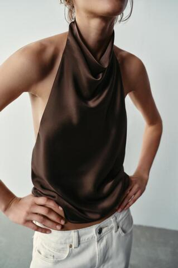ZARA АТЛАСНЫЙ ТОП С ГОРЛОВИНОЙ ХАЛТЕР, КОРИЧНЕВЫЙ