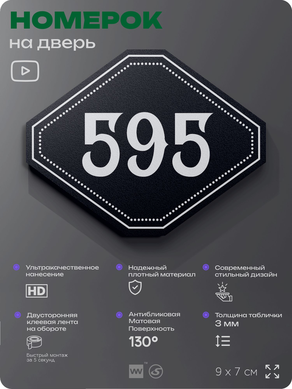 Номерок на дверь квартиры 595, для кабинета, офиса, шильдик 9 х 7 см, черный, Айдентика Технолоджи