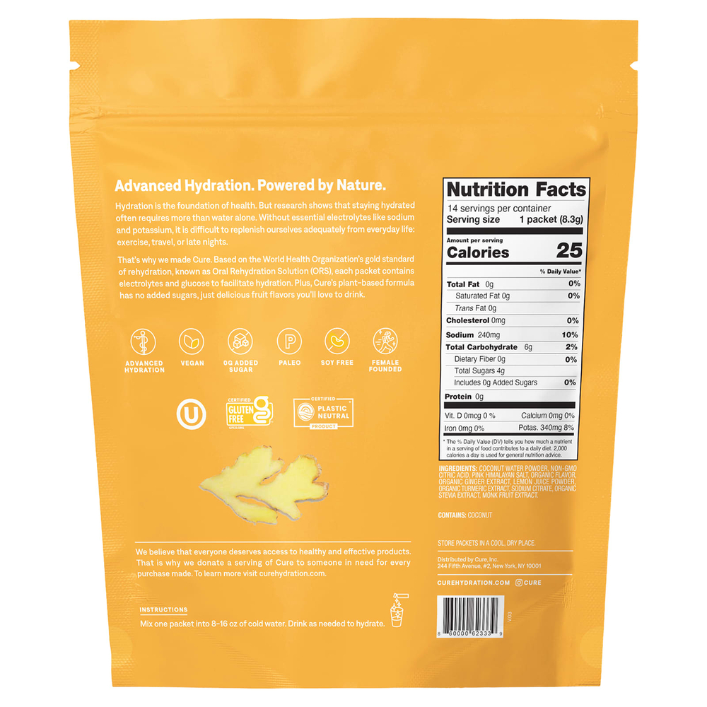 Cure Hydration, увлажняющая смесь электролитов, со вкусом имбиря и куркумы, 14 пакетиков по 8,3 г (0,29 унции) каждый