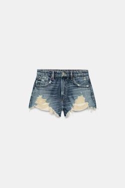 ZARA ДЖИНСОВЫЕ ШОРТЫ TRF С ВЫСОКОЙ ПОСАДКОЙ И РАЗРЫВАМИ, СИНИЙ