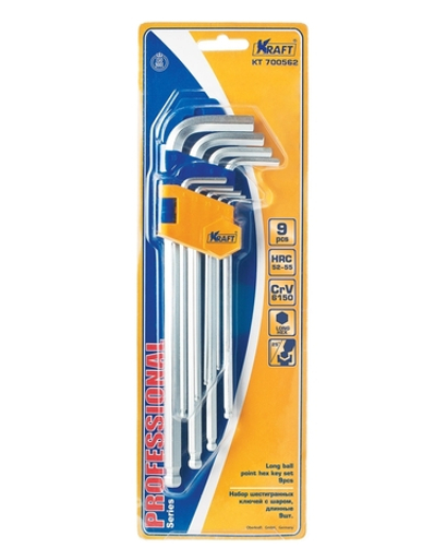 Ключи имбусовые шестигранные длинные с шаром, 9шт Kraft