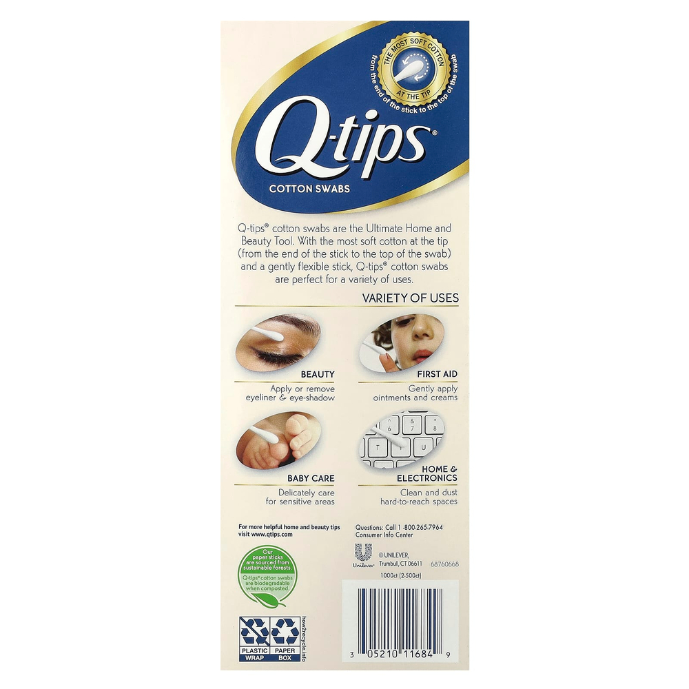 Q-tips, Ватные палочки, семейная упаковка, 2 шт., По 500 тампонов
