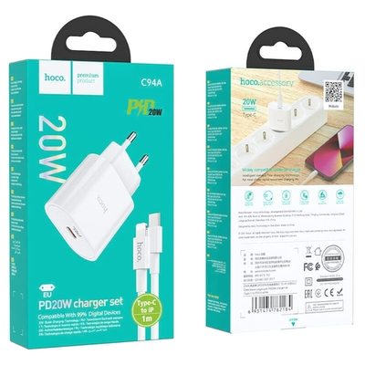 Зарядное устройство HOCO C94A PD20W Type-C + кабель Type-C-Lightning White