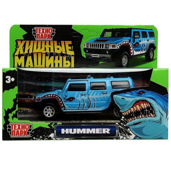 Машина металл HUMMER H2 ХИЩНИКИ 12 см, двери, багаж, инерц, голубой, кор. Технопарк