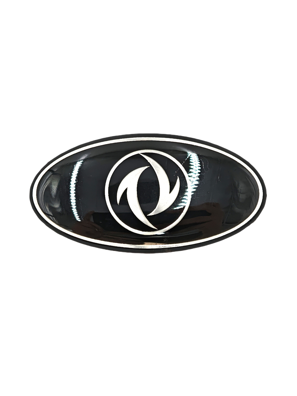 Наклейка DongFeng овальная объемная (шильдик Донг Фенг, 6,4х3,5см). Черная с серебристой надписью