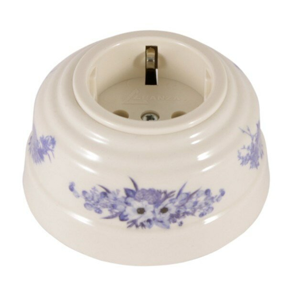 Розетка ретро керамическая с заземлением fiori viola синие цветы, Leanza Fiori Viola РВС / Оконечная