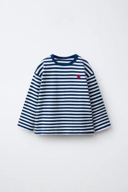 ZARA ЛОНГСЛИВ В ПОЛОСКУ С ВЫШИВКОЙ «СЕРДЦЕ», СИНИЙ