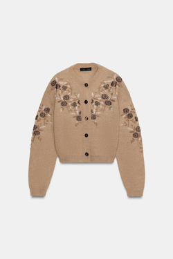 ZARA ТРИКОТАЖНЫЙ КАРДИГАН С ВЫШИВКОЙ И БУСИНАМИ, РЫЖЕВАТО-КОРИЧНЕВЫЙ