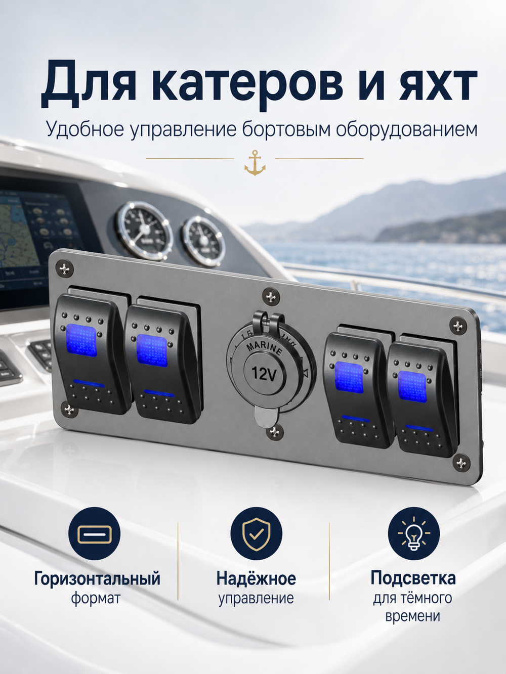 Эл.панель 4 клавиши ON-OFF + розетка 12В (синяя подсв.)