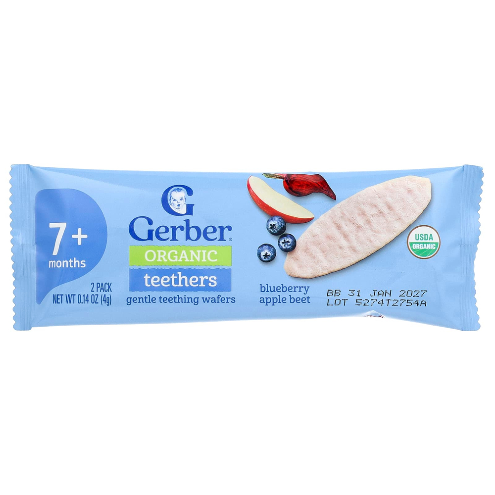 Gerber, органические прорезыватели, вафли для нежного прорезывания зубов, для детей от 7 месяцев, голубика, яблоко и свёкла, 12 пакетиков по 2 шт. в индивидуальной упаковке по 4 г (0,14 унции)