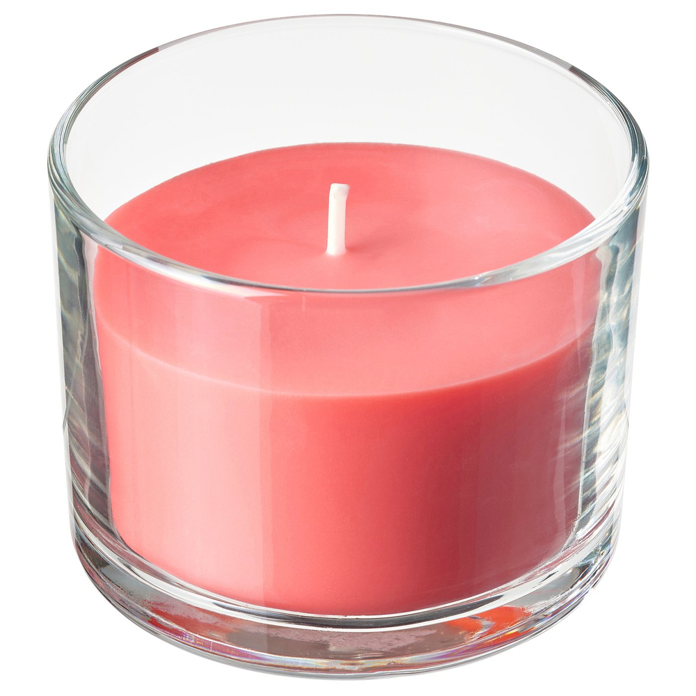 IKEA LOTSFÅGEL  (ИКЕА ЛОТСФОГЕЛ)  -  Ароматическая свеча в стекле - Арбуз, ярко-розовый 20 ч.