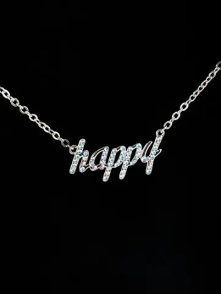 Тонкое колье-цепочка с подвеской-надписью Happy Счастливая со Swarovski