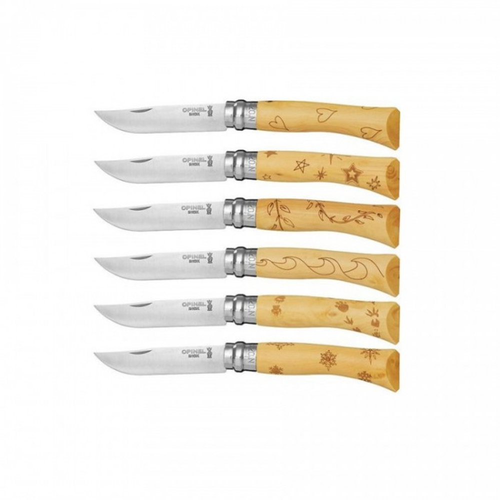 Набор в деревянной коробке из 6 ножей Opinel №7 Nature, нержавеющая сталь, рукоять самшит, гравировка