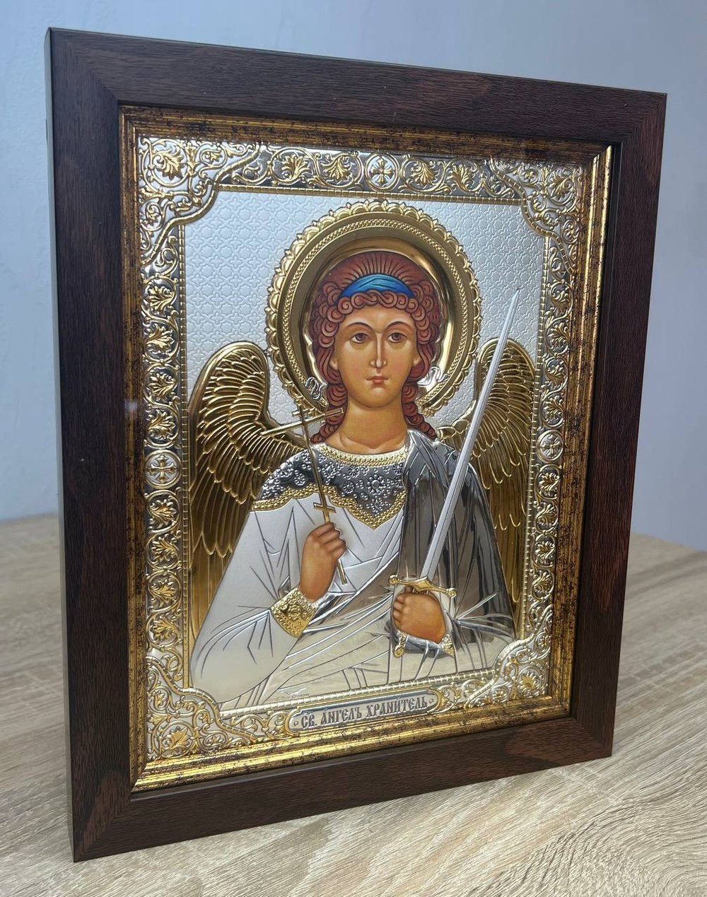 Ангел Хранитель, икона прямоугольная в рамке под стеклом, красное дерево 206х258