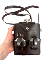 Фляга 18 унций 530мл в кожаном чехле с двумя складными стаканчиками, FL18-1KN6