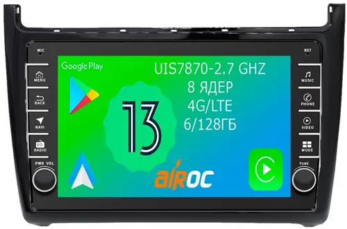 Магнитола для Volkswagen Polo 2009-2020 (черный) - Airoc AB-3707 (кнопки и крутилки), Android 13, Быстрая, SIM-слот, CarPlay