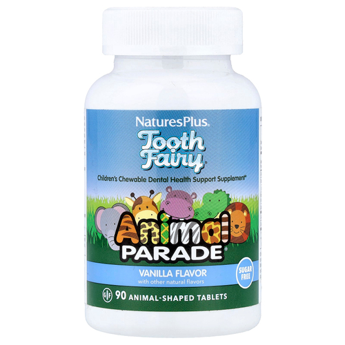 NaturesPlus, Animal Parade®, Tooth Fairy®, детская жевательная добавка для поддержки здоровья зубов, со вкусом ванили, 90 таблеток в форме животных