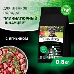Корм сухой для щенков породы Миниатюрный шнауцер, премиум полнорационный комплекс, с ягненком, 800 гр, QUATTRO