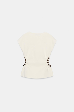 ZARA ТРИКОТАЖНЫЙ ТОП С ВЫРЕЗАМИ И БУСИНАМИ, ЭКРЮ