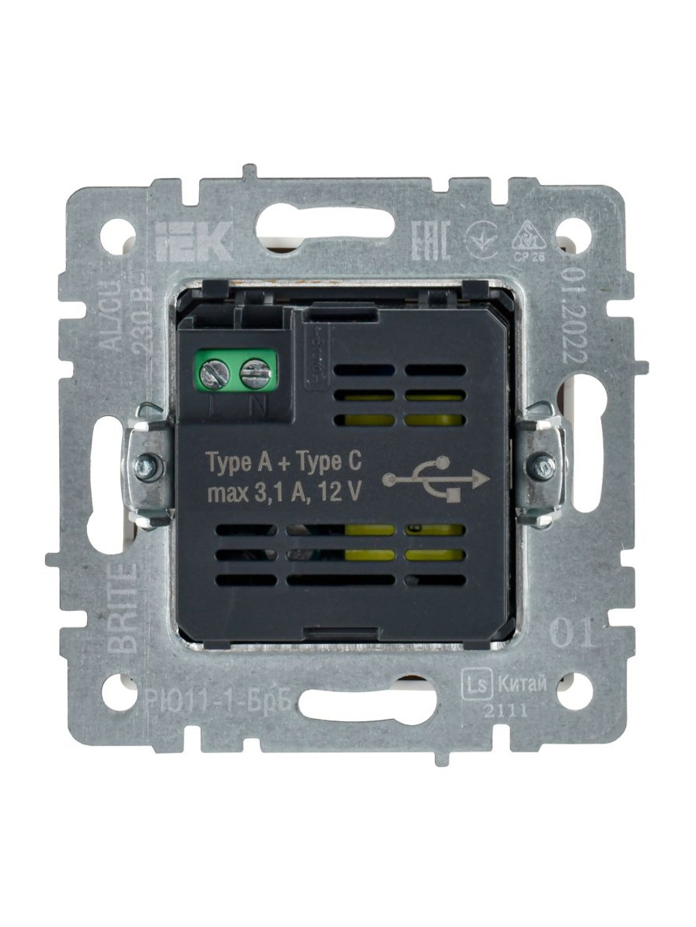 Розетка BRITE USB A+C 18Вт РЮ11-1-БрБ механизм бел. IEK BR-U22-018-K01