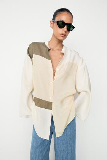 Massimo Dutti Рубашка из струящейся ткани с воротником-стойкой и принтом пэчворк, натуральный/кремовый
