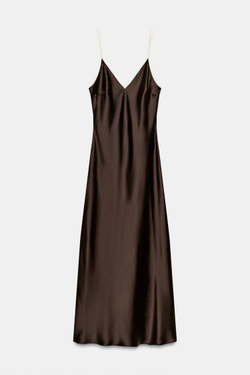 ZARA АТЛАСНОЕ ПЛАТЬЕ МИДИ С КОНТРАСТНОЙ ОТДЕЛКОЙ, КОРИЧНЕВЫЙ