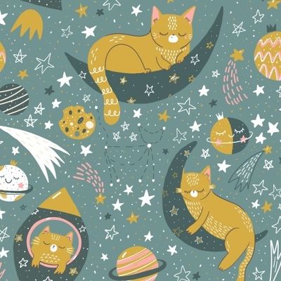 космические коты на серо-зеленом фоне