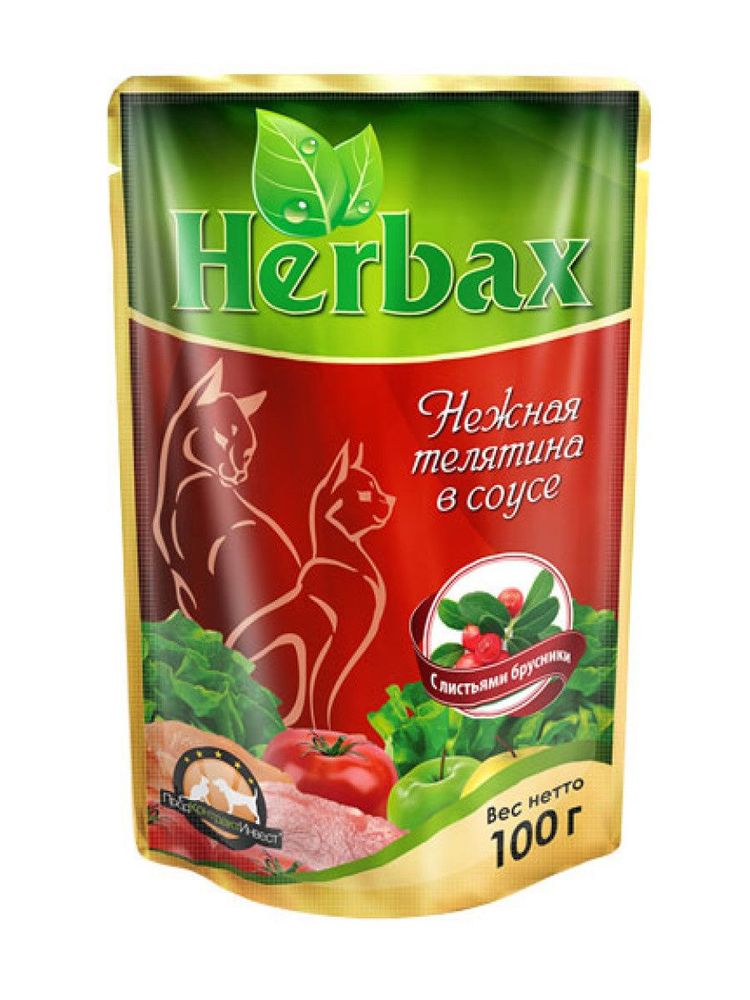 Влажный кром Herbax для взрослых кошек, нежная телятина в соусе с листьями брусники, 100 г Влажный кром Herbax для взрослых кошек, нежная телятина в соусе с листьями брусники, 100 г