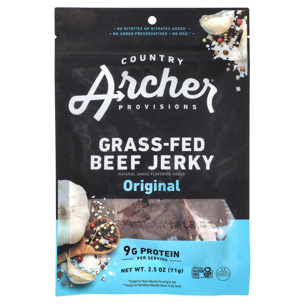 Country Archer Jerky, Вяленое мясо травяного откорма, оригинальное, 71 г (2,5 унции)