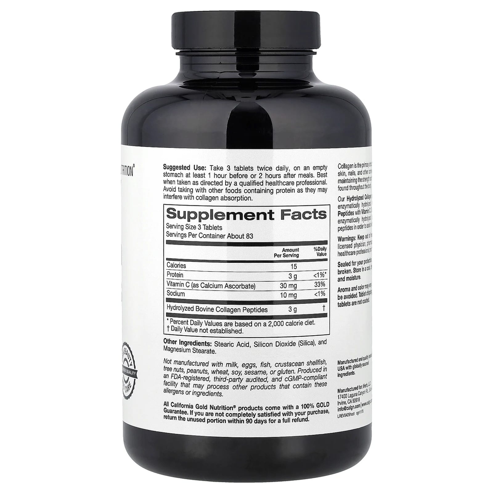 California Gold Nutrition, пептиды гидролизованного коллагена I и III типов с витамином C, 250 таблеток