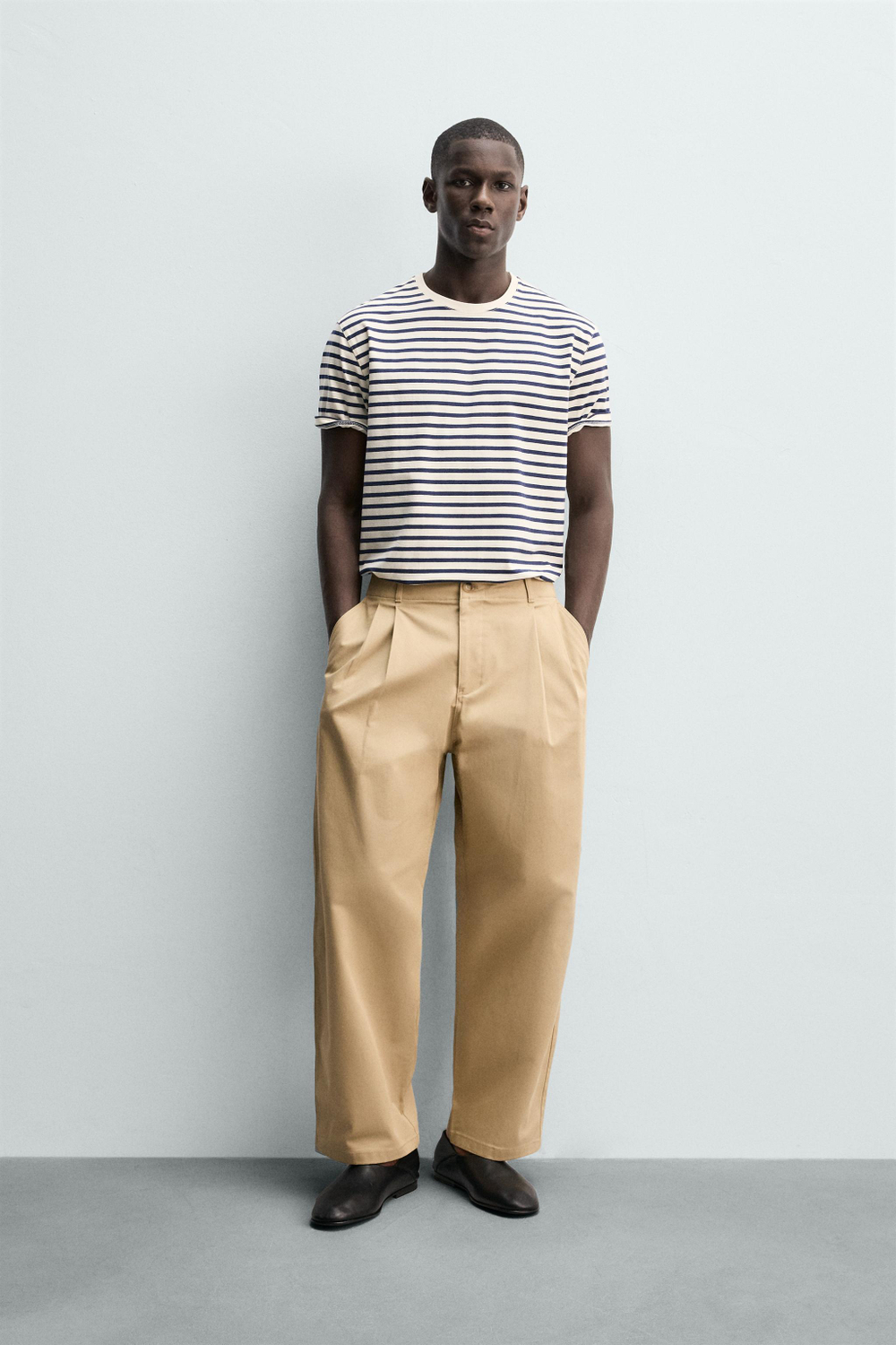ZARA ФУТБОЛКА MEDIUM WEIGHT БАЗОВАЯ, БЕЛЫЙ/МОРСКОЙ СИНИЙ